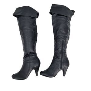 Vintage 90s Vegan Faux Leather Knee High Boots‎ 7 Black Cuffed Heeled Pirate